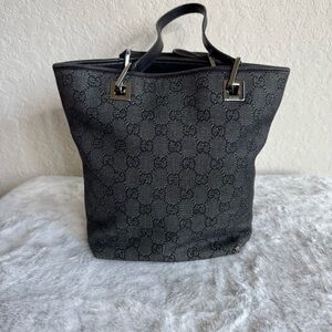 Authentic Gucci GG Black Denim Bucket Shoulder Bag P0071